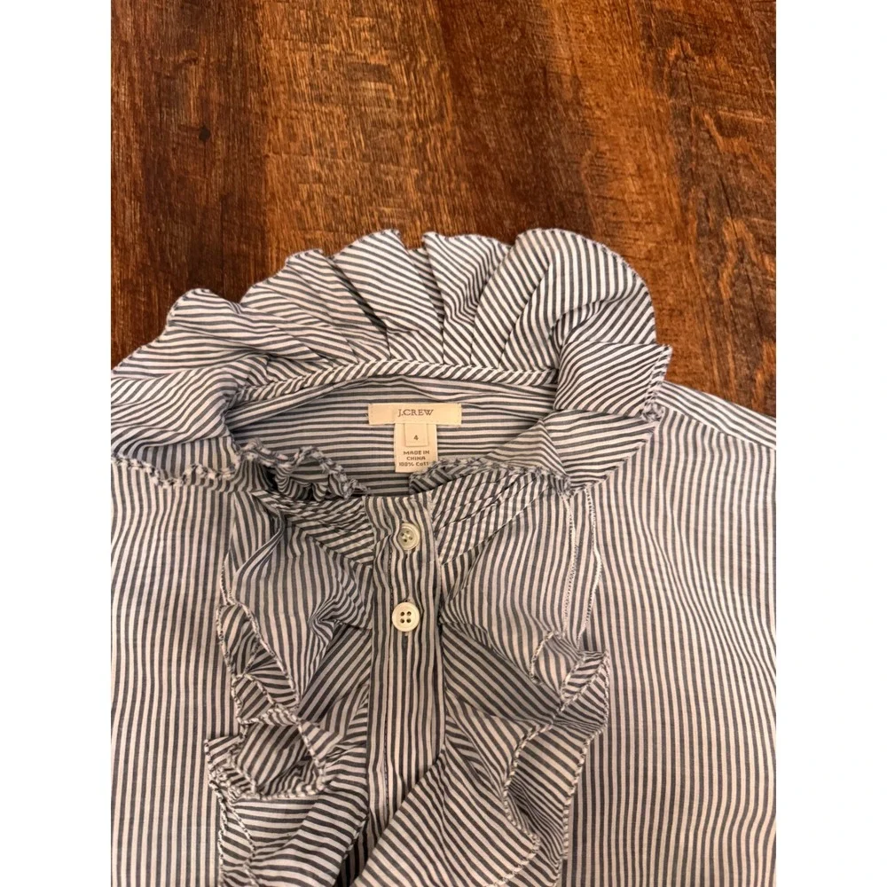 J.Crew Size 4 Blue White Pinstripe Ruffle Front Cotton Button Down Blouse